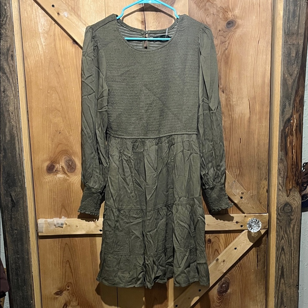 Long-Sleeve Olive Green Tiered Women's Dress